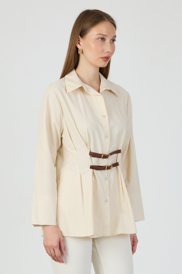 Terrycotton Shirt with Belt Detail - Beige