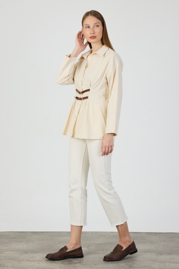 Terrycotton Shirt with Belt Detail - Beige