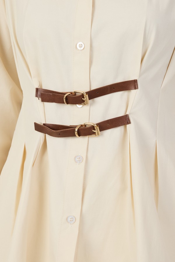 Terrycotton Shirt with Belt Detail - Beige