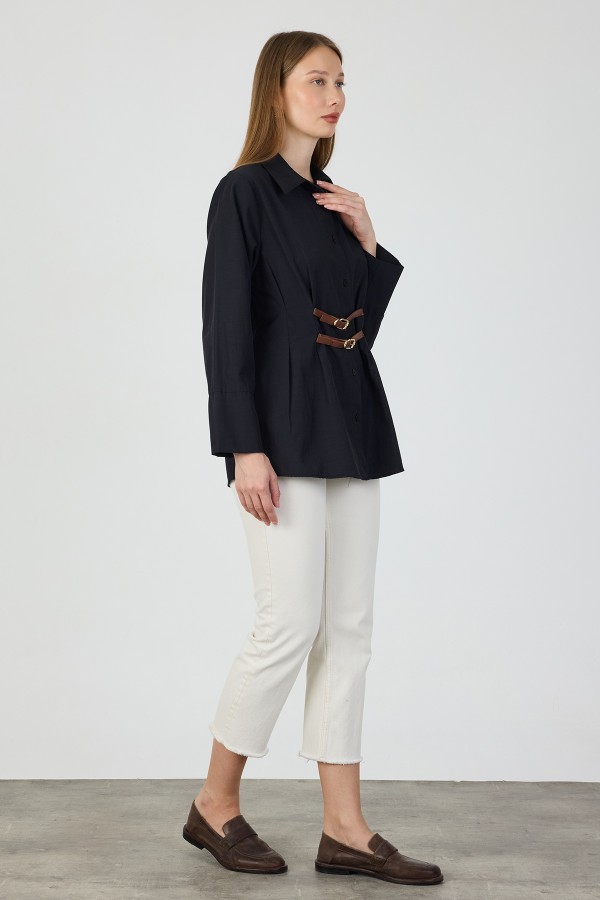 Terrycotton Shirt with Belt Detail - Black