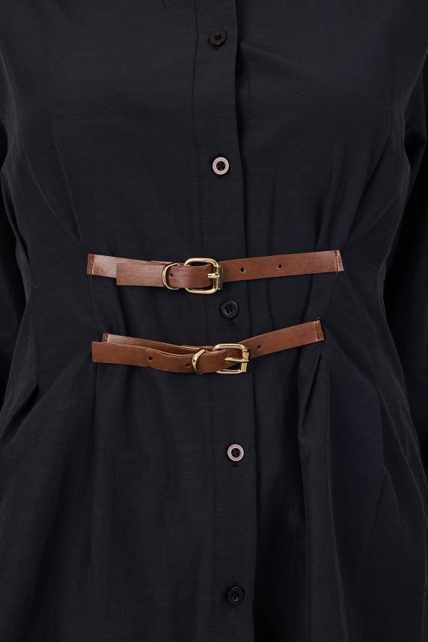 Terrycotton Shirt with Belt Detail - Black