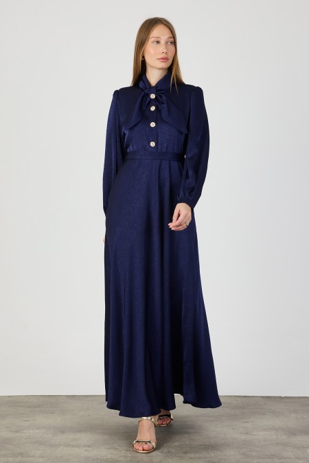 Satin Evening Dress with Scarf Collar - Navy Blue
