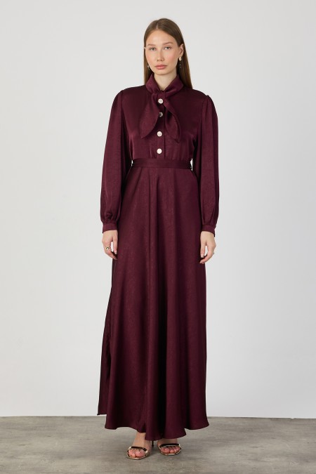 Satin Evening Dress with Scarf Collar - Plum