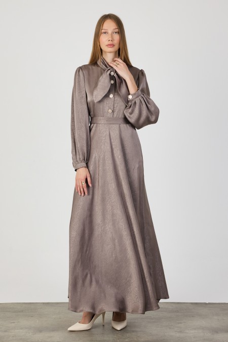 Satin Evening Dress with Scarf Collar - Mink