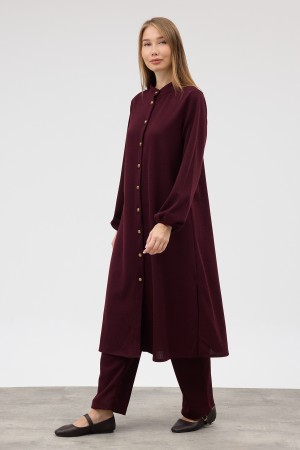 Uzun Tunik Pantolon Örme Triko Takım - Bordo