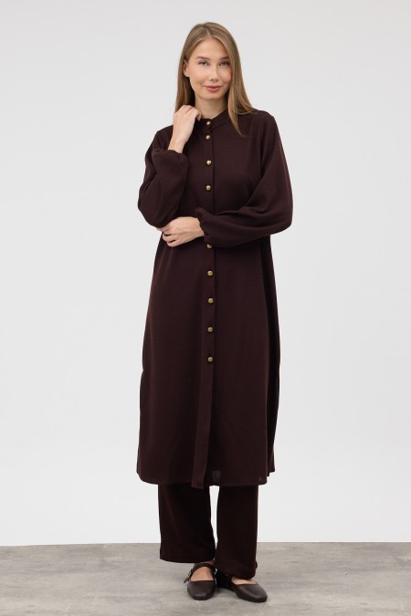 Long Tunic and Trousers Knitted Set - Coffee