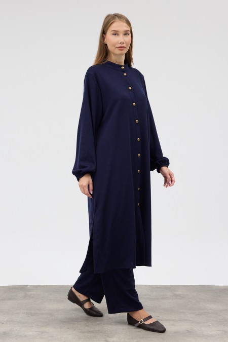 Long Tunic and Trousers Knitted Set - Navy Blue