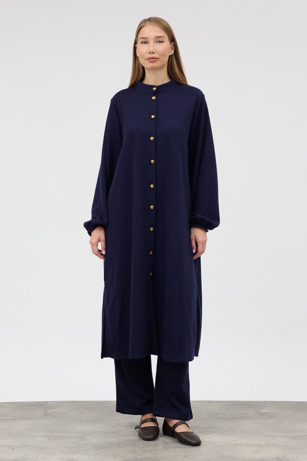 Long Tunic and Trousers Knitted Set - Navy Blue
