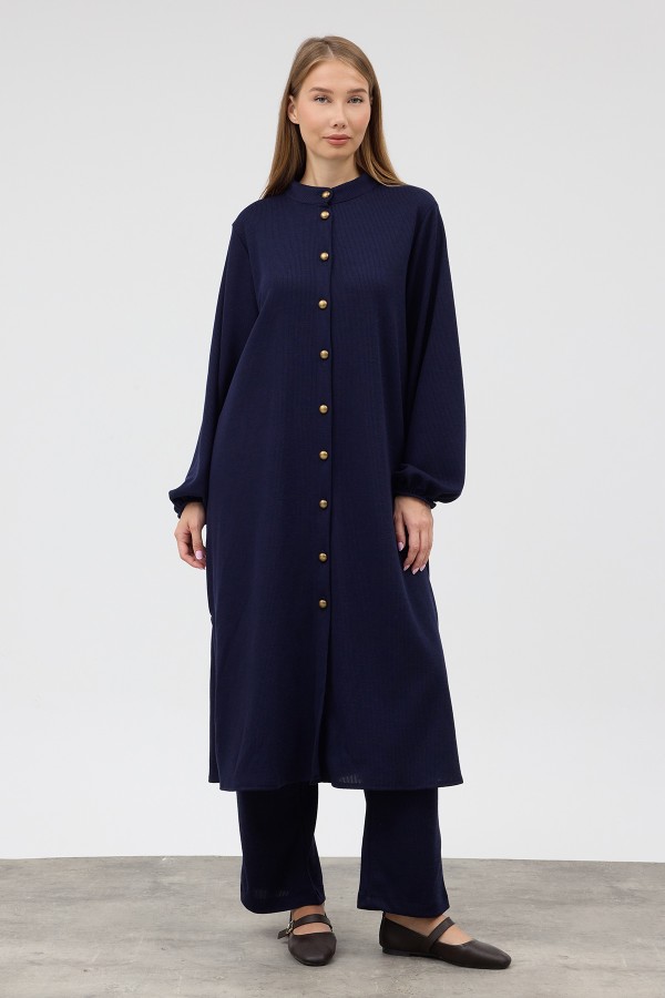 Long Tunic and Trousers Knitted Set - Navy Blue