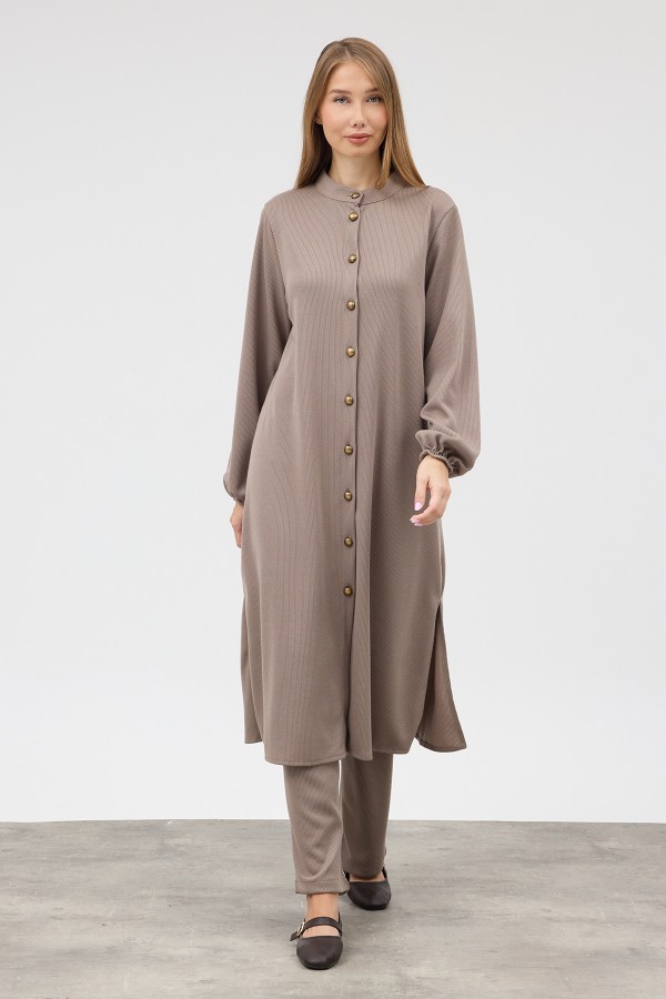 Long Tunic and Trousers Knitted Set - Mink