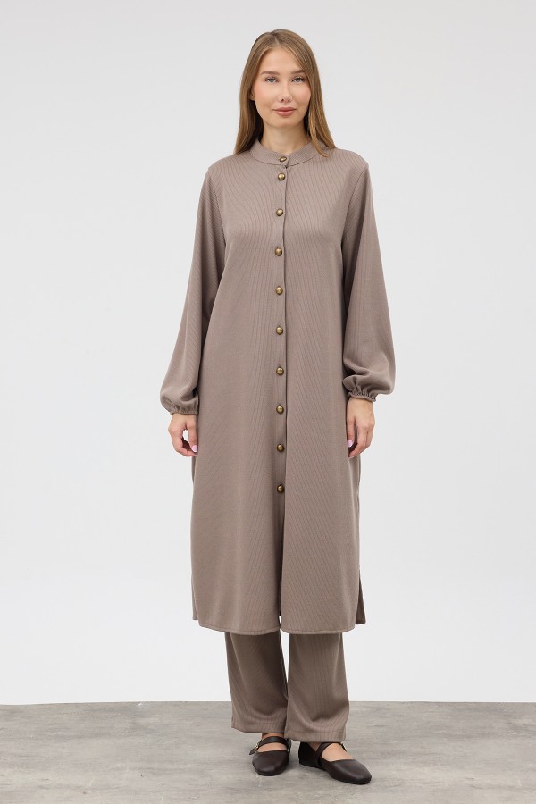 Long Tunic and Trousers Knitted Set - Mink
