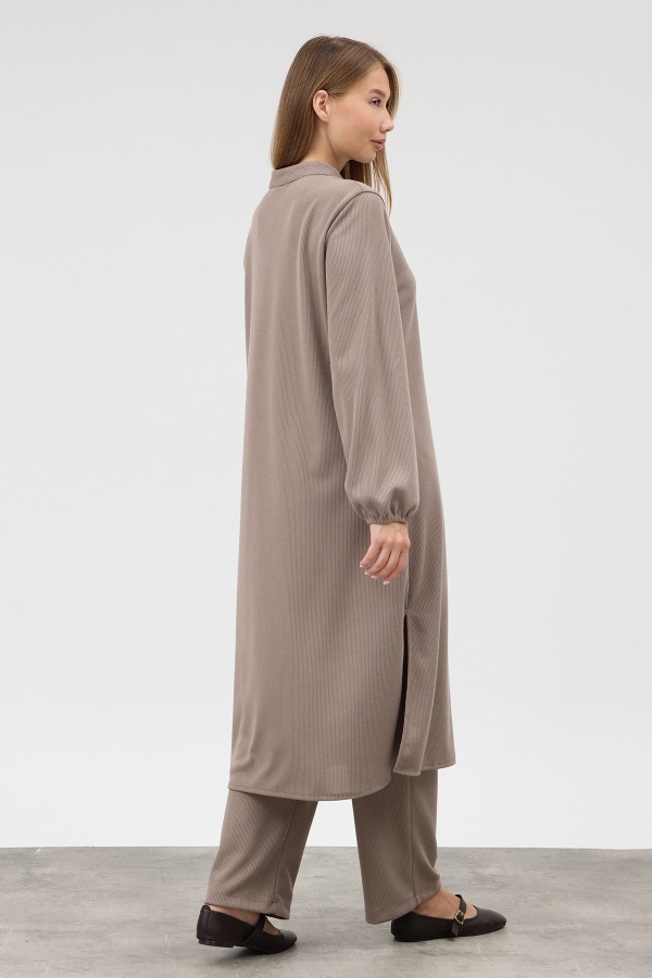 Long Tunic and Trousers Knitted Set - Mink