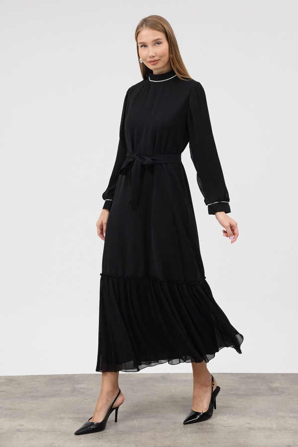 Chiffon Dress with Trim Details - Black