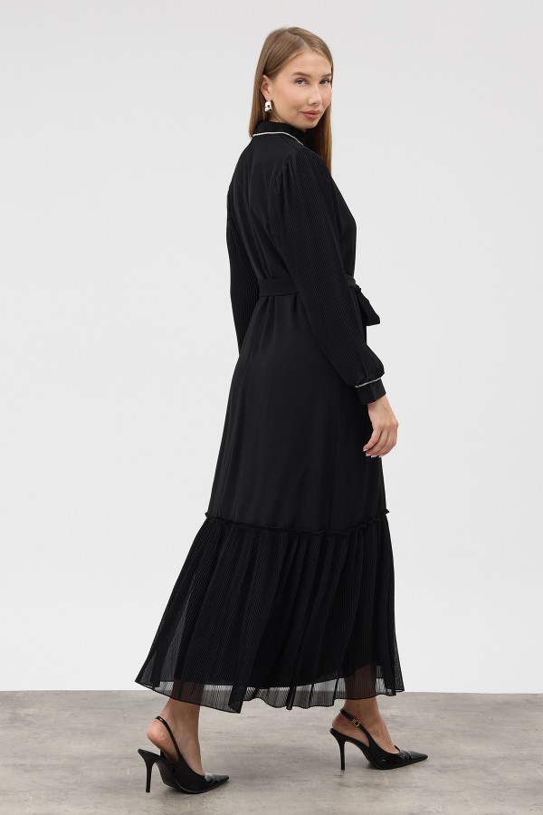 Chiffon Dress with Trim Details - Black