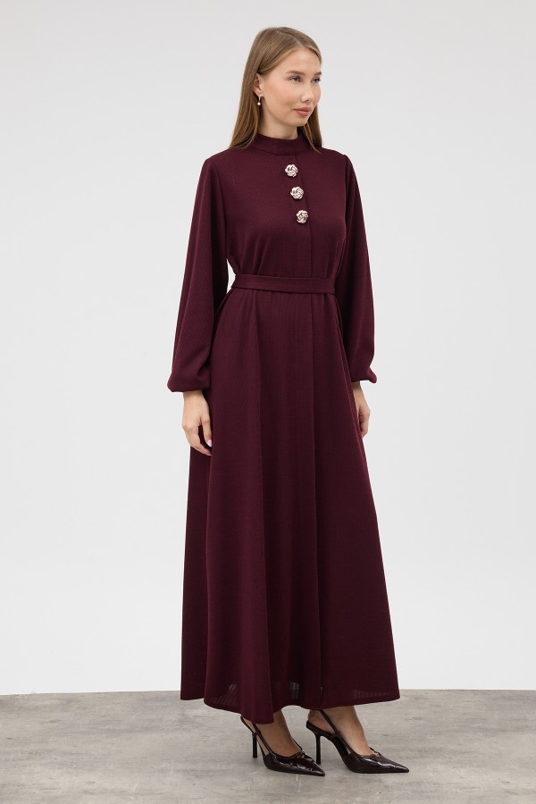 Düğme Detaylı Örme Triko Elbise - Bordo