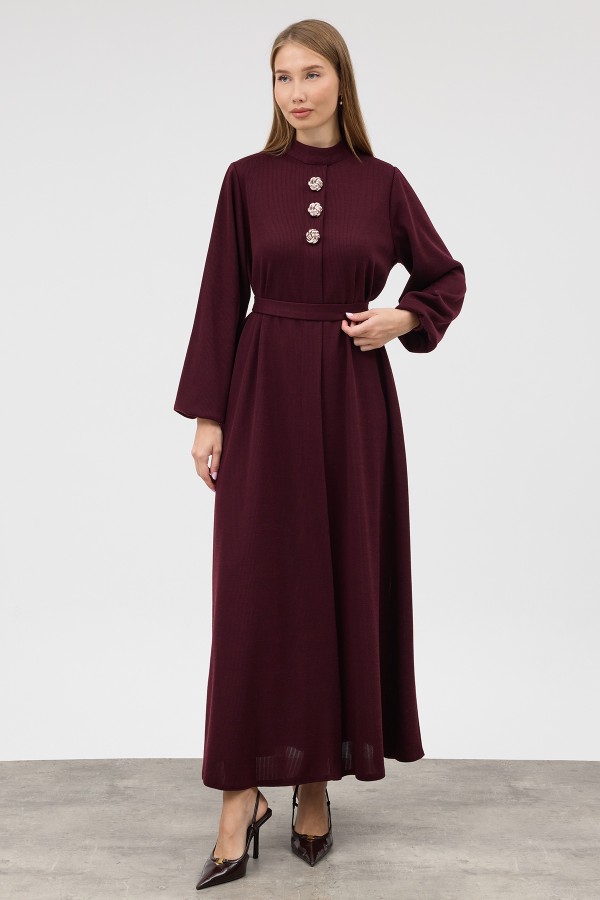 Düğme Detaylı Örme Triko Elbise - Bordo