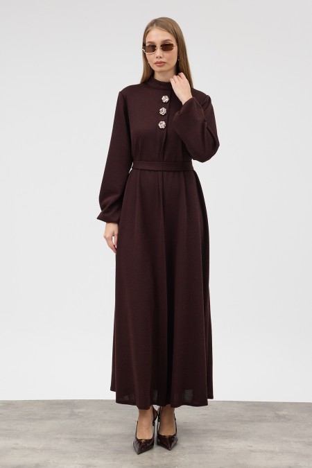 Button Detail Knitted Dress - Brown