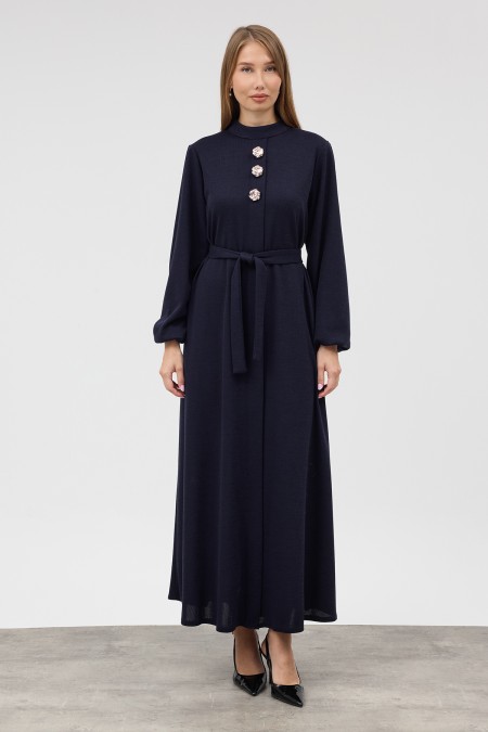Button-Detail Knitted Dress - Navy Blue