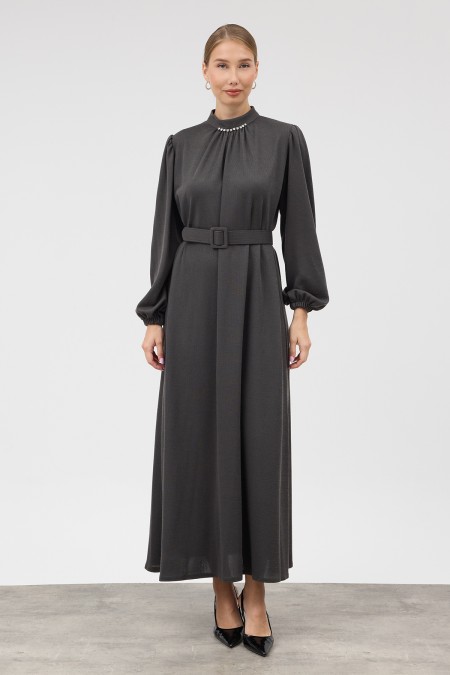 Knitted Dress with Stone Embellished Collar - Anthracite