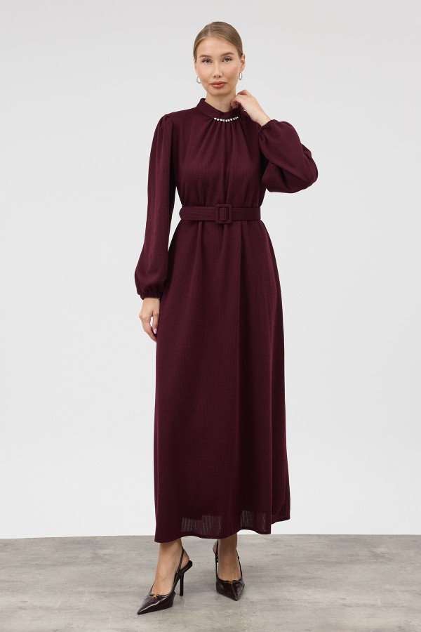 Yakası Taşlı Örme Triko Elbise - Bordo