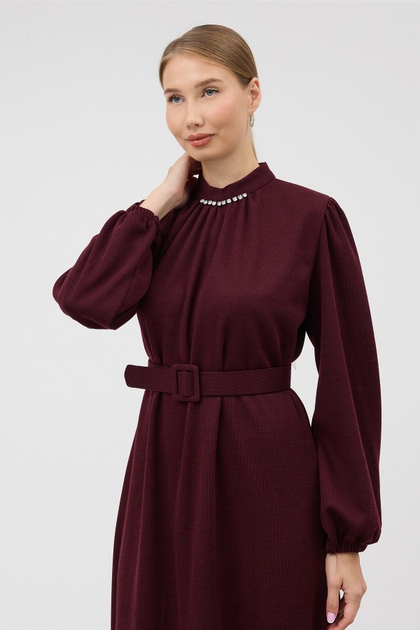 Yakası Taşlı Örme Triko Elbise - Bordo