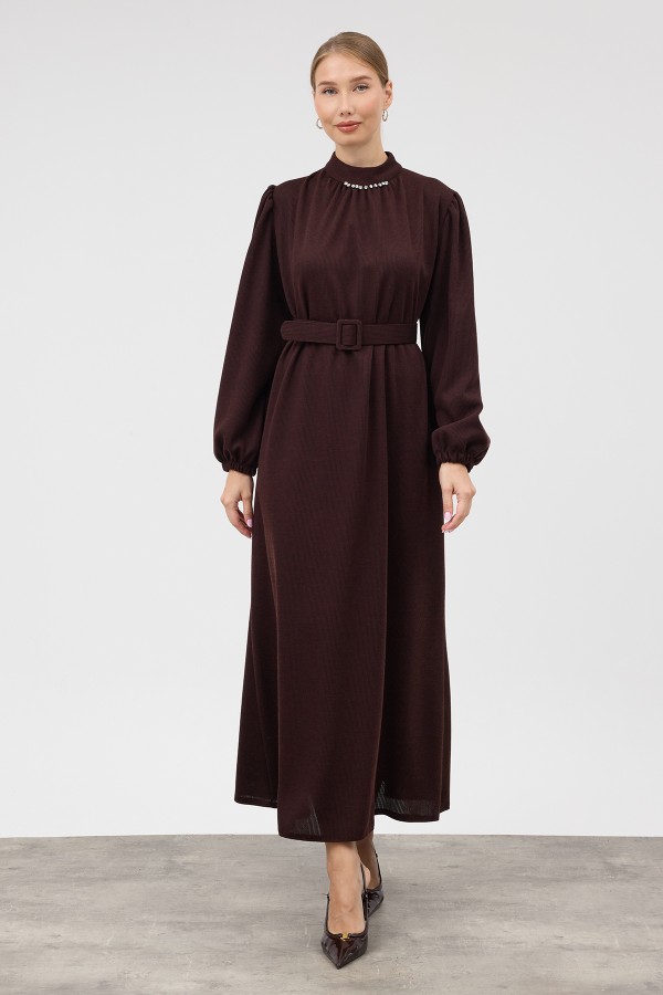 Knitted Dress with Stone Embellished Collar - Brown Knitted Dress with Stone Embellished Collar - Brown