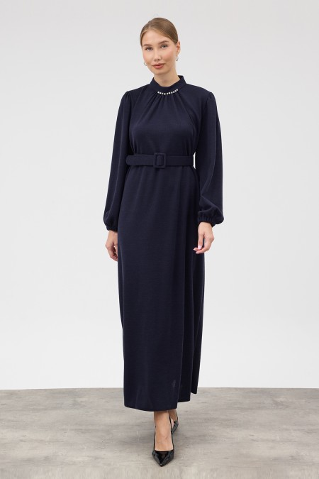 Embellished Collar Knitted Dress - Navy Blue