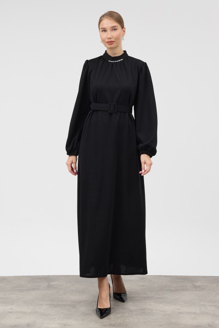 Embellished Collar Knitted Dress - Black