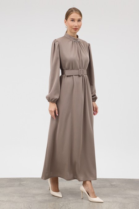 Knitted Dress with Stone Embellished Collar - Mink