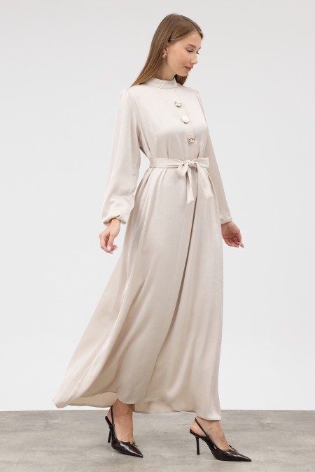 Button-Detailed Satin Evening Dress - Beige