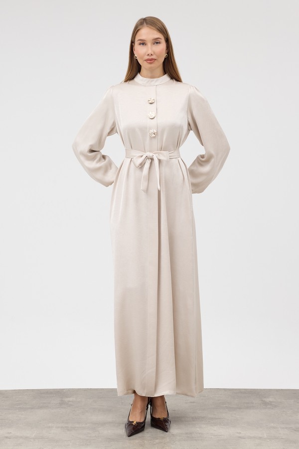 Button-Detailed Satin Evening Dress - Beige