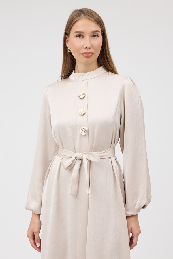 Button-Detailed Satin Evening Dress - Beige