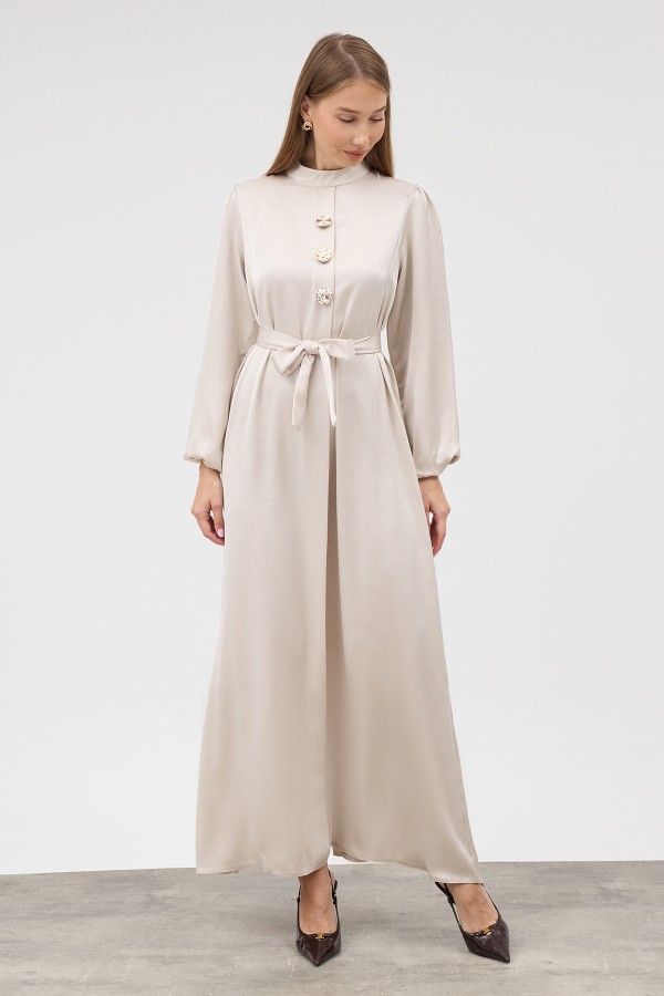 Button-Detailed Satin Evening Dress - Beige