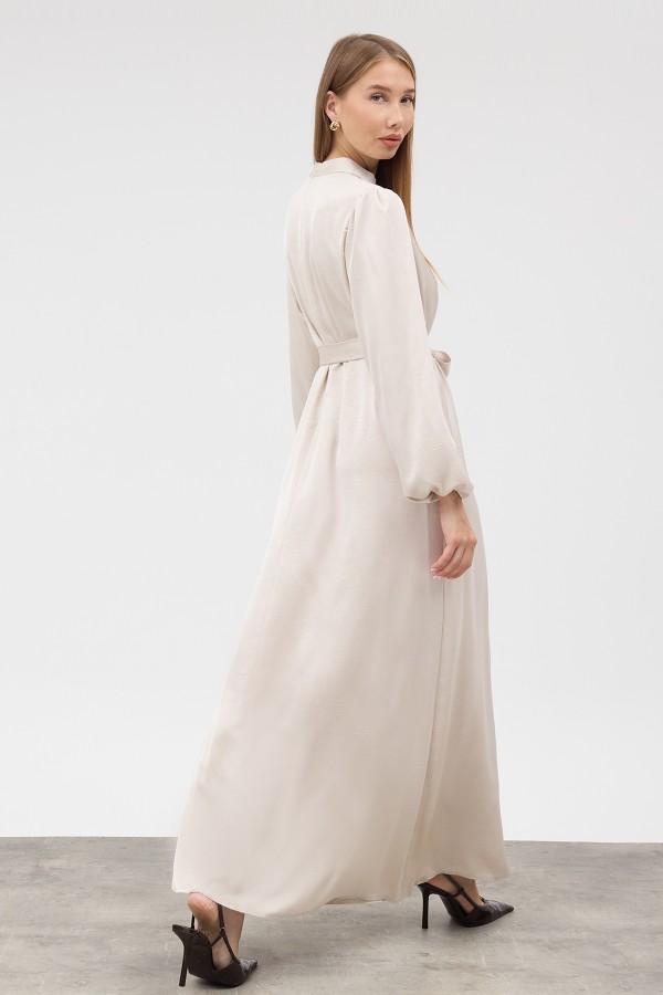 Button-Detailed Satin Evening Dress - Beige