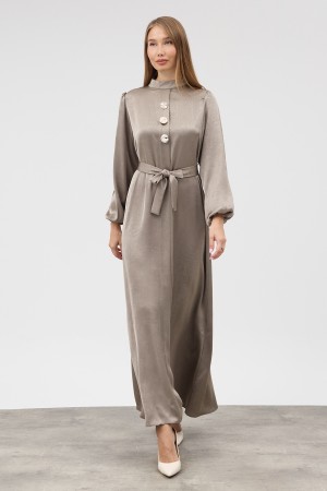 Button Detail Satin Evening Dress - Grey Button Detail Satin Evening Dress - Grey