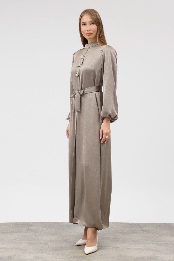 Button Detail Satin Evening Dress - Grey