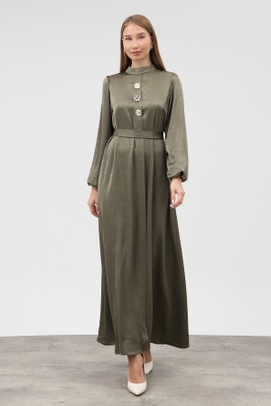 Button-Detailed Satin Evening Dress - Khaki Button-Detailed Satin Evening Dress - Khaki