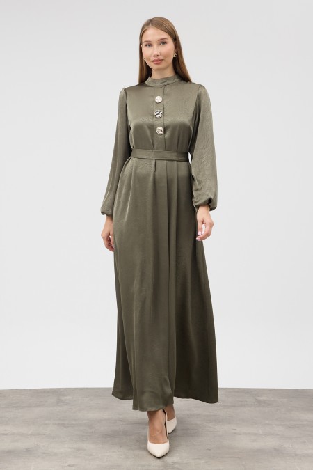 Button-Detailed Satin Evening Dress - Khaki