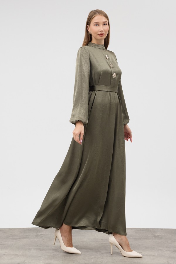 Button-Detailed Satin Evening Dress - Khaki