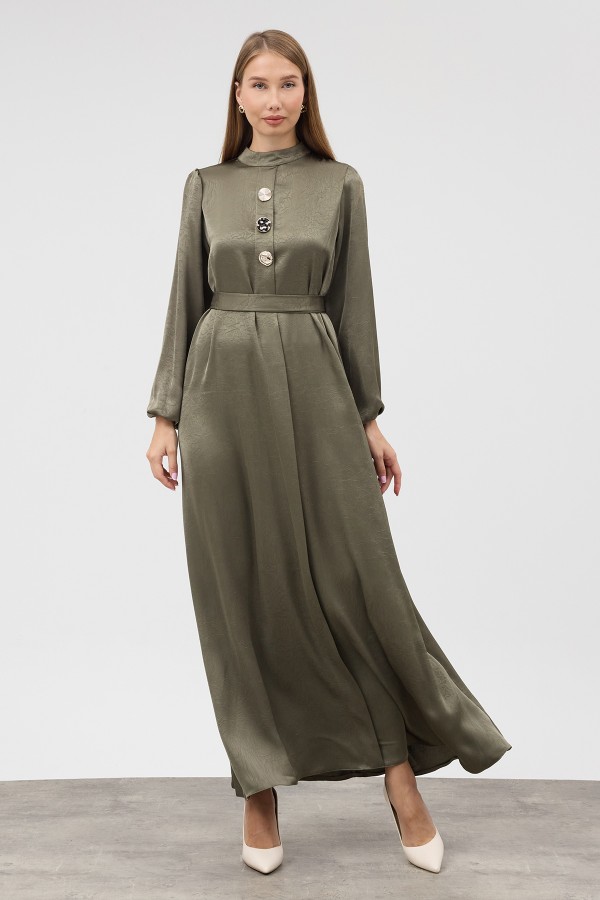Button-Detailed Satin Evening Dress - Khaki