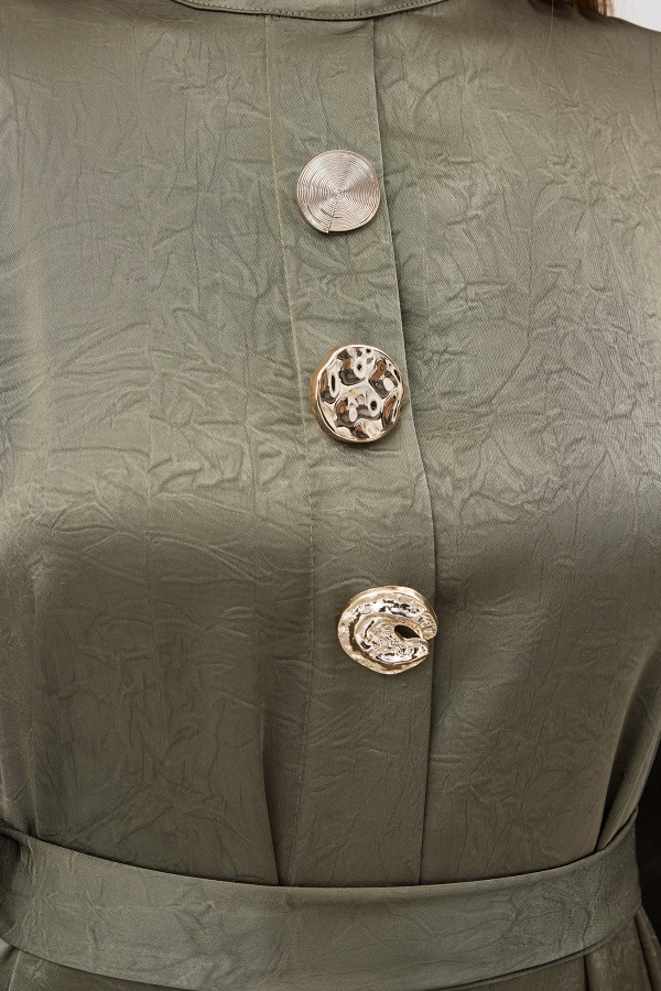 Button-Detailed Satin Evening Dress - Khaki