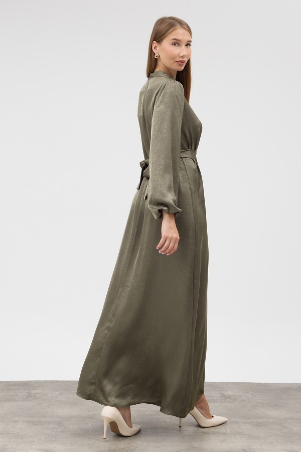 Button-Detailed Satin Evening Dress - Khaki
