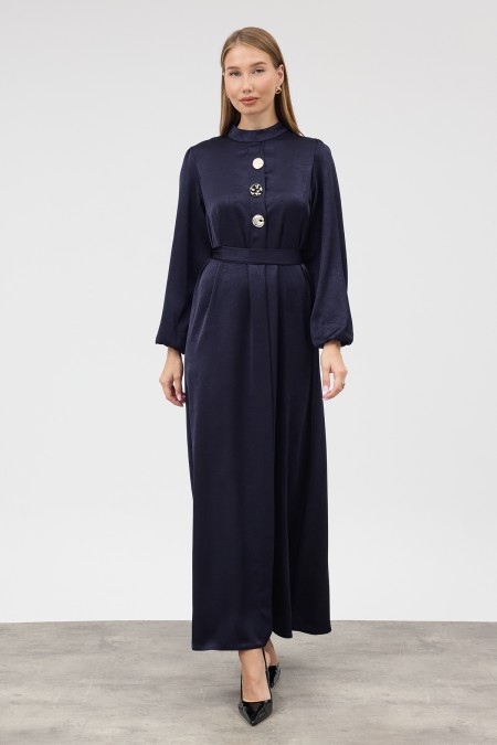 Button-Detailed Satin Evening Dress - Navy Blue