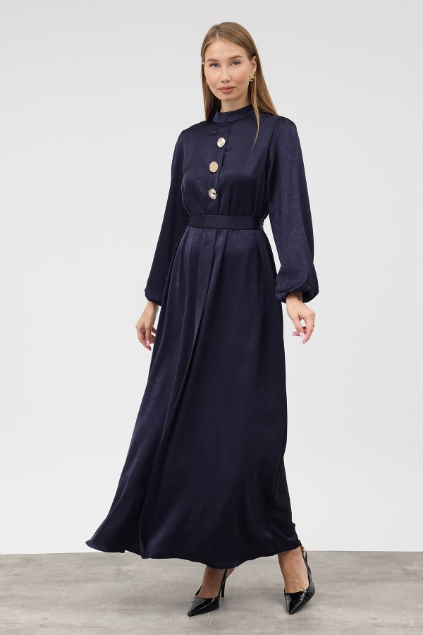 Button-Detailed Satin Evening Dress - Navy Blue