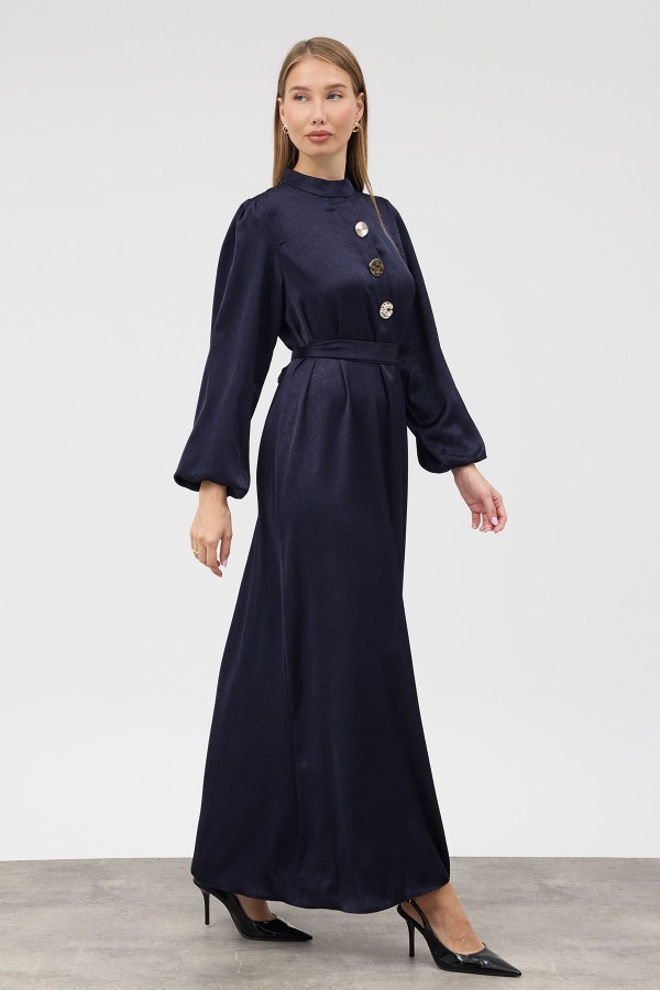 Button-Detailed Satin Evening Dress - Navy Blue