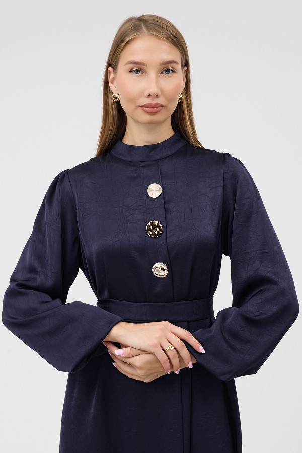 Button-Detailed Satin Evening Dress - Navy Blue