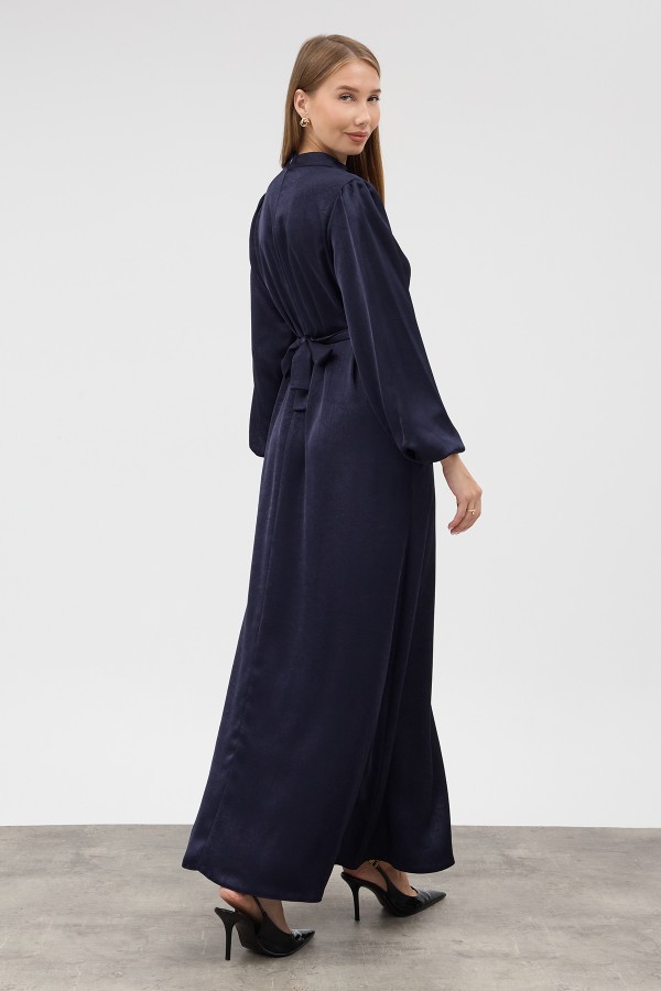 Button-Detailed Satin Evening Dress - Navy Blue