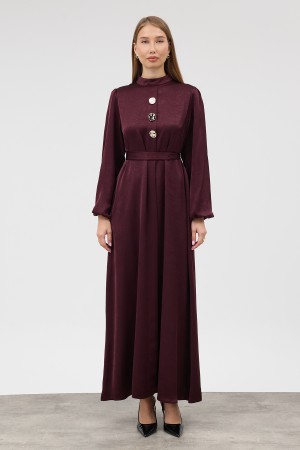 Button-Detailed Satin Evening Dress - Plum Button-Detailed Satin Evening Dress - Plum