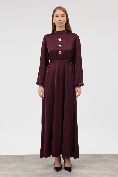 Button-Detailed Satin Evening Dress - Plum