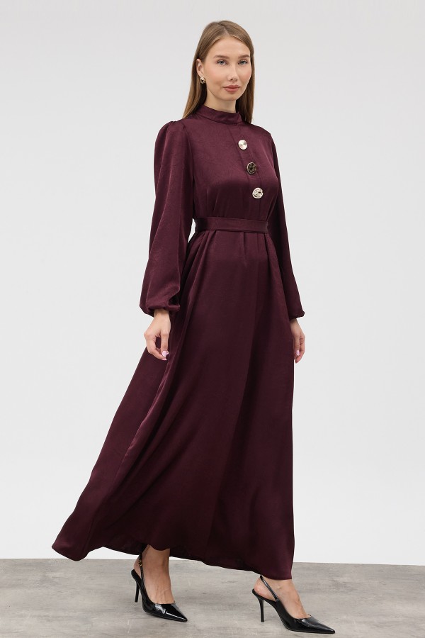 Button-Detailed Satin Evening Dress - Plum